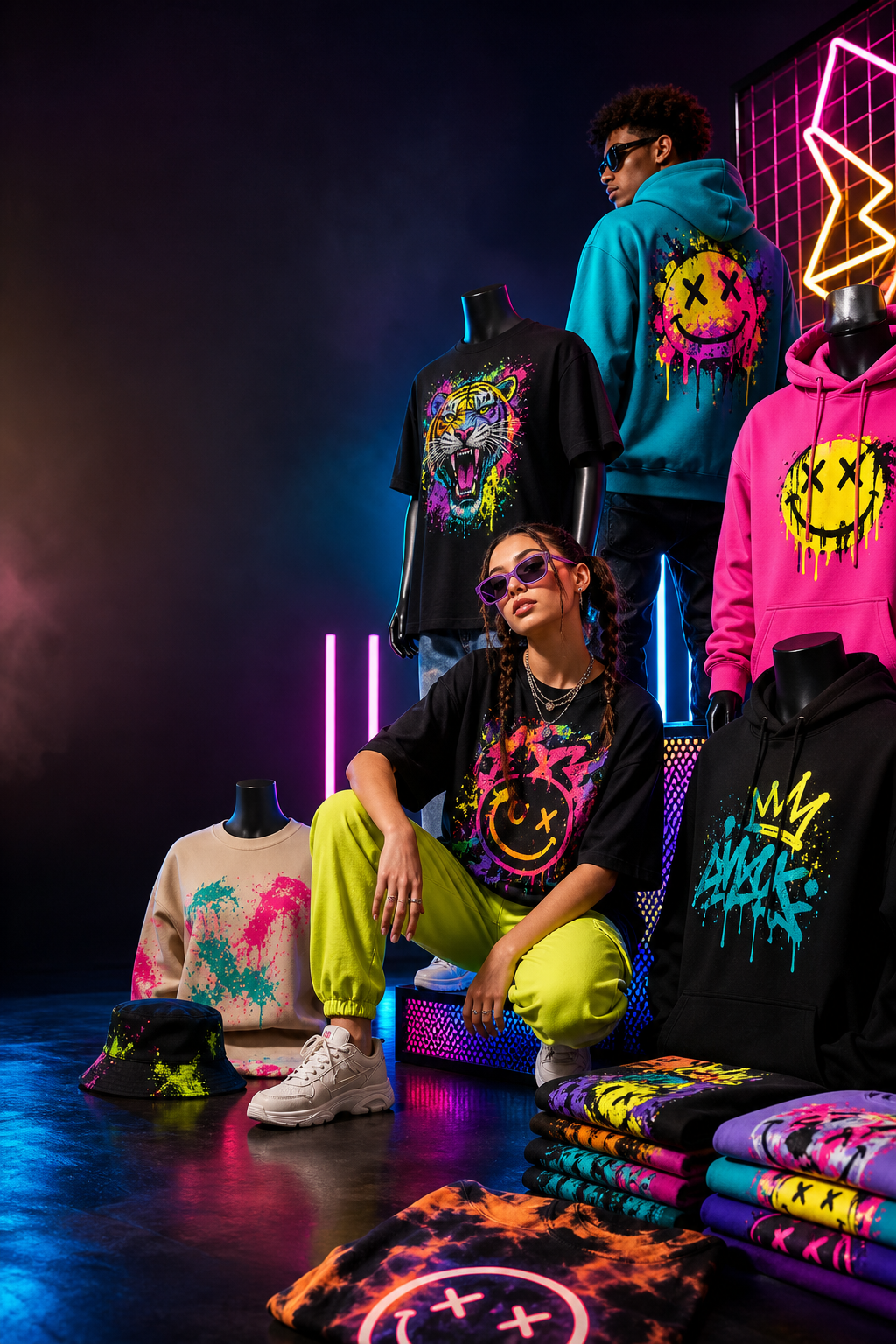 Bold custom t-shirts and hoodies styled as a high-energy apparel showcase with layered streetwear looks