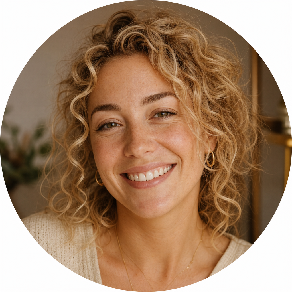 Portrait of Elena, a customer with curly blonde hair and freckles