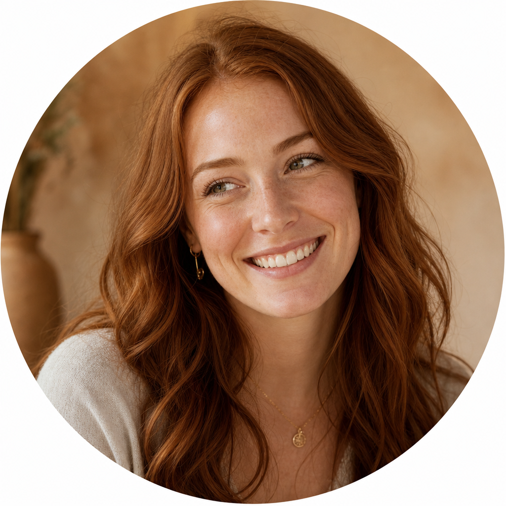 Portrait of Hannah, a smiling customer with wavy auburn hair