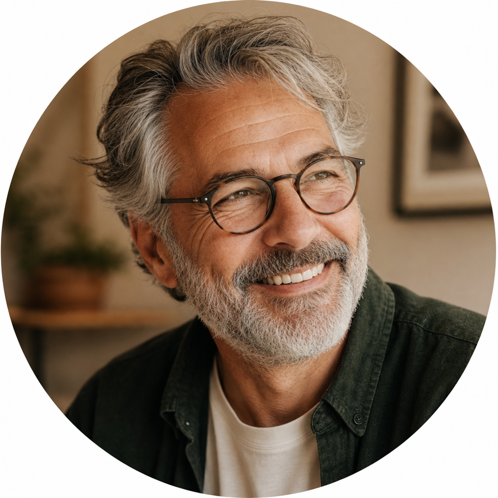 Portrait of James, an older customer with grey beard and glasses