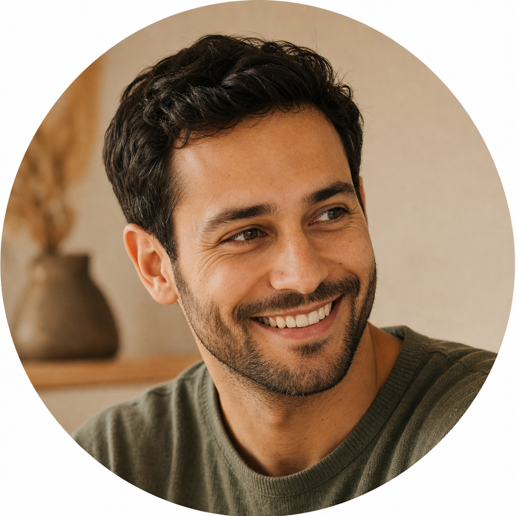 Portrait of Marcus, a customer with short dark hair and a warm smile
