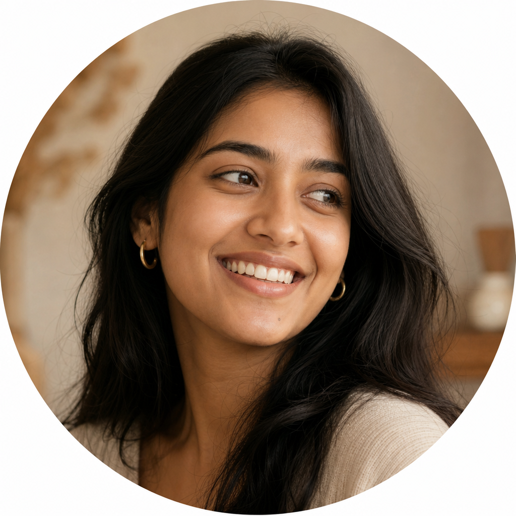 Portrait of Priya, a customer with long dark hair and gold hoop earrings
