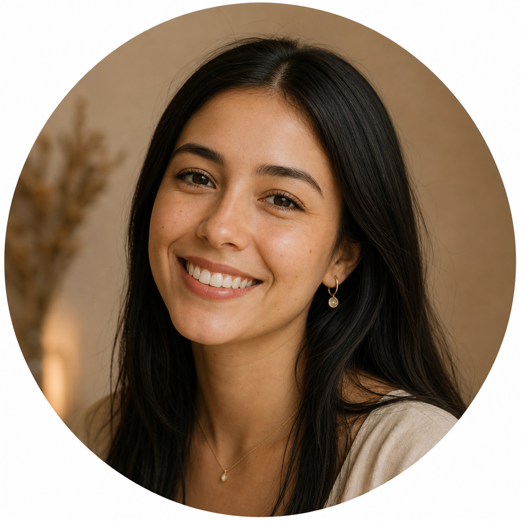 Portrait of Sofia, a young customer with straight black hair and a soft smile