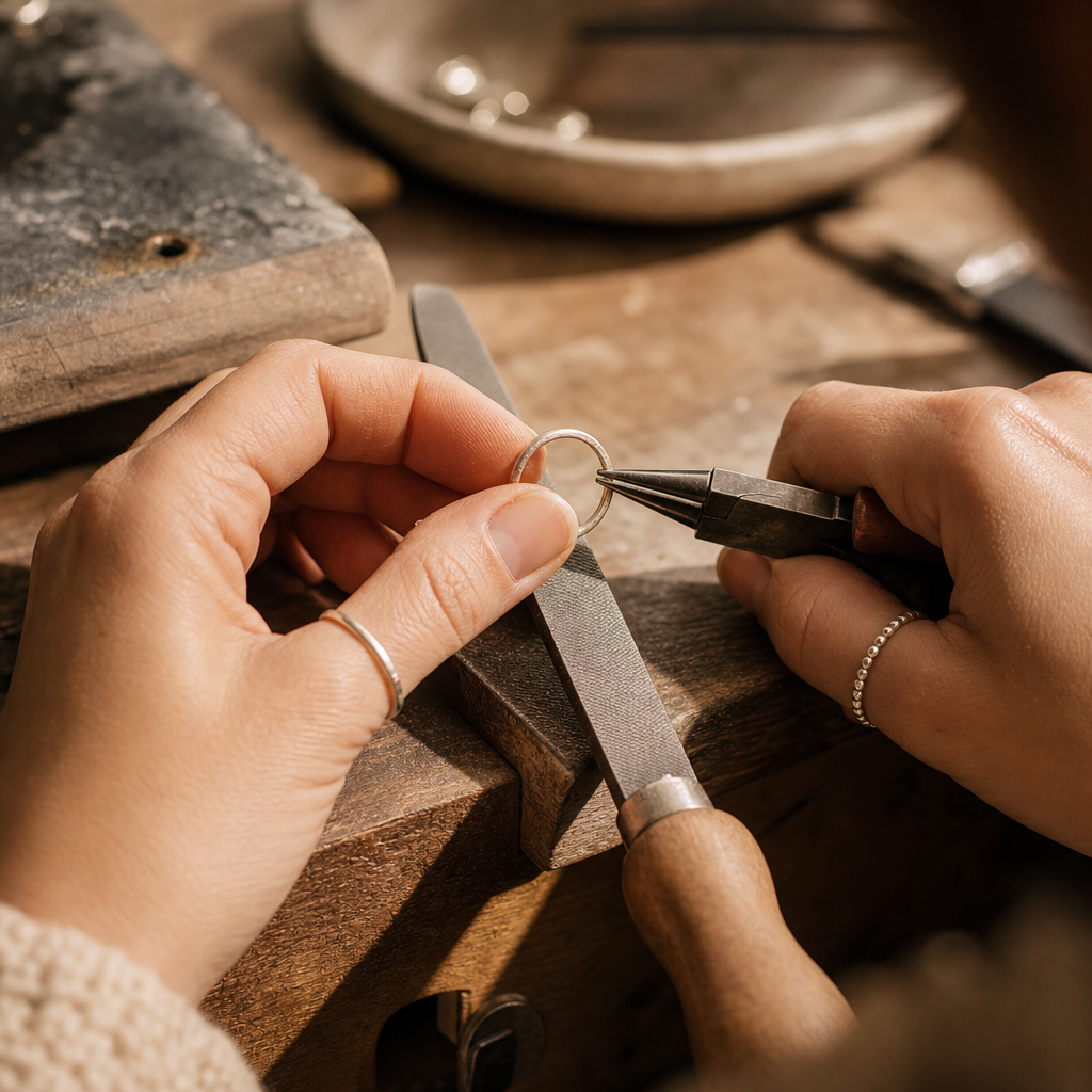 Artisan hands shaping a silver ring with metalworking tools at a workbench