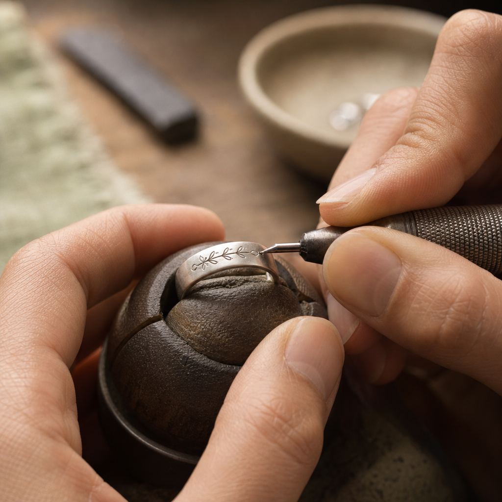 Close-up of a jeweler hand-engraving a personalized message onto a silver ring band