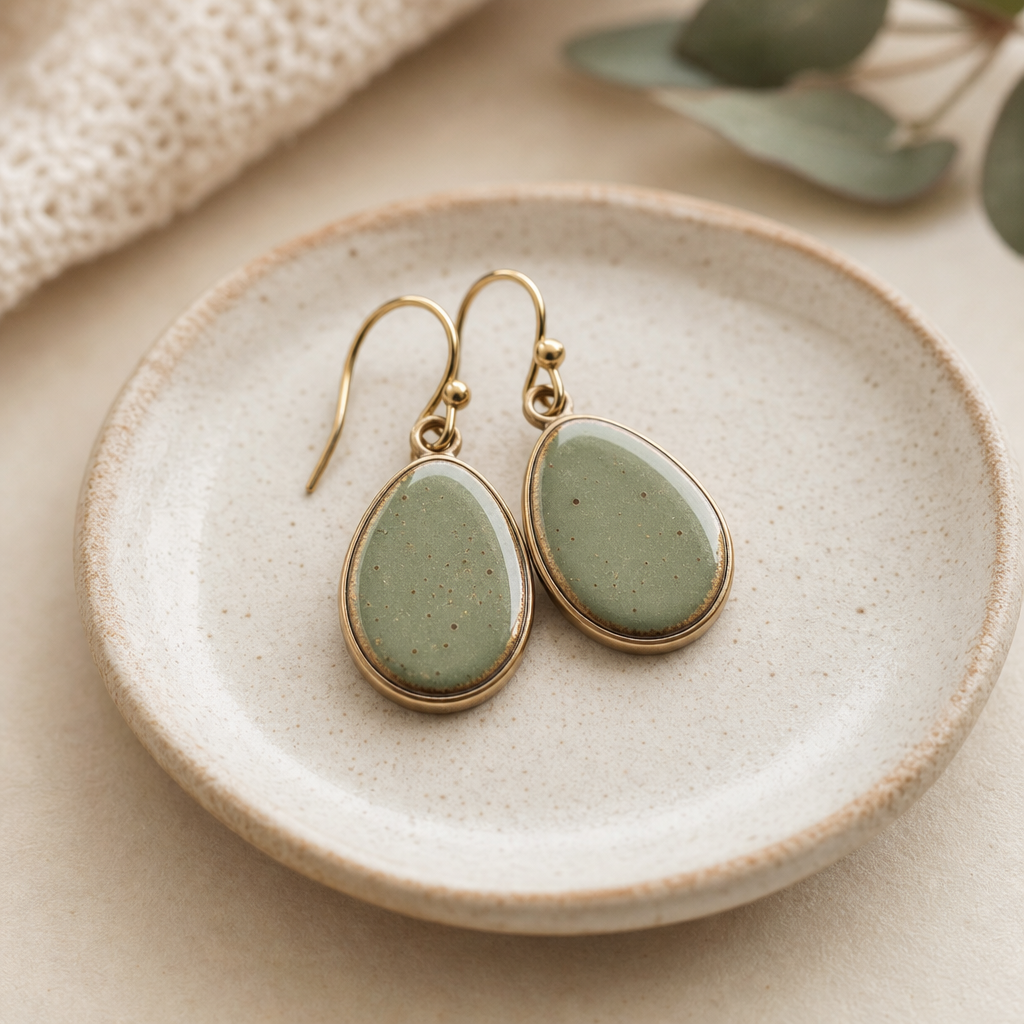 Pair of handmade sage-green enamel drop earrings resting on a small ceramic dish
