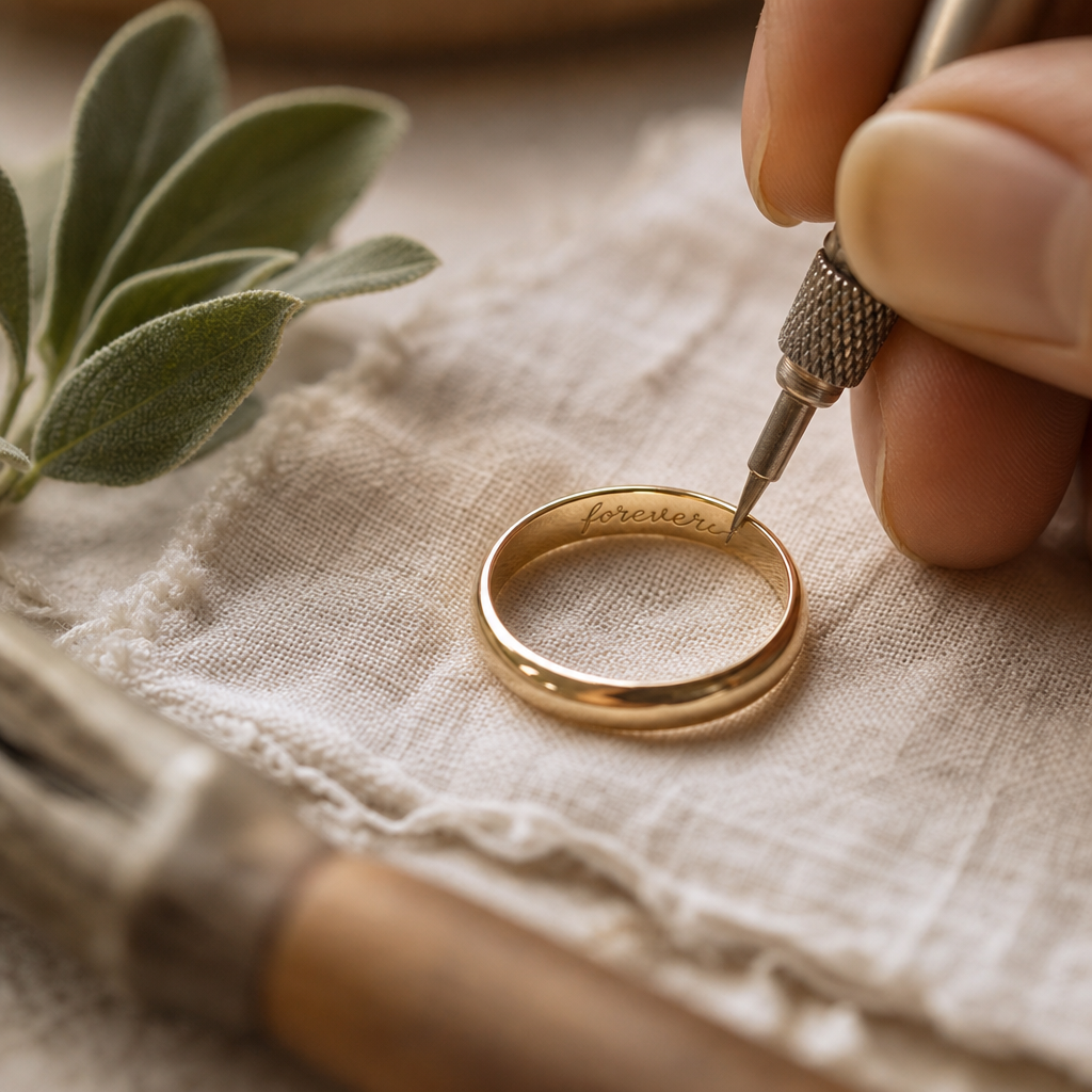 Close-up of an artisan hand-engraving a name onto a gold ring band