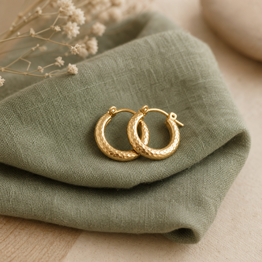 Pair of small gold hoop earrings with a hammered texture on a sage green cloth