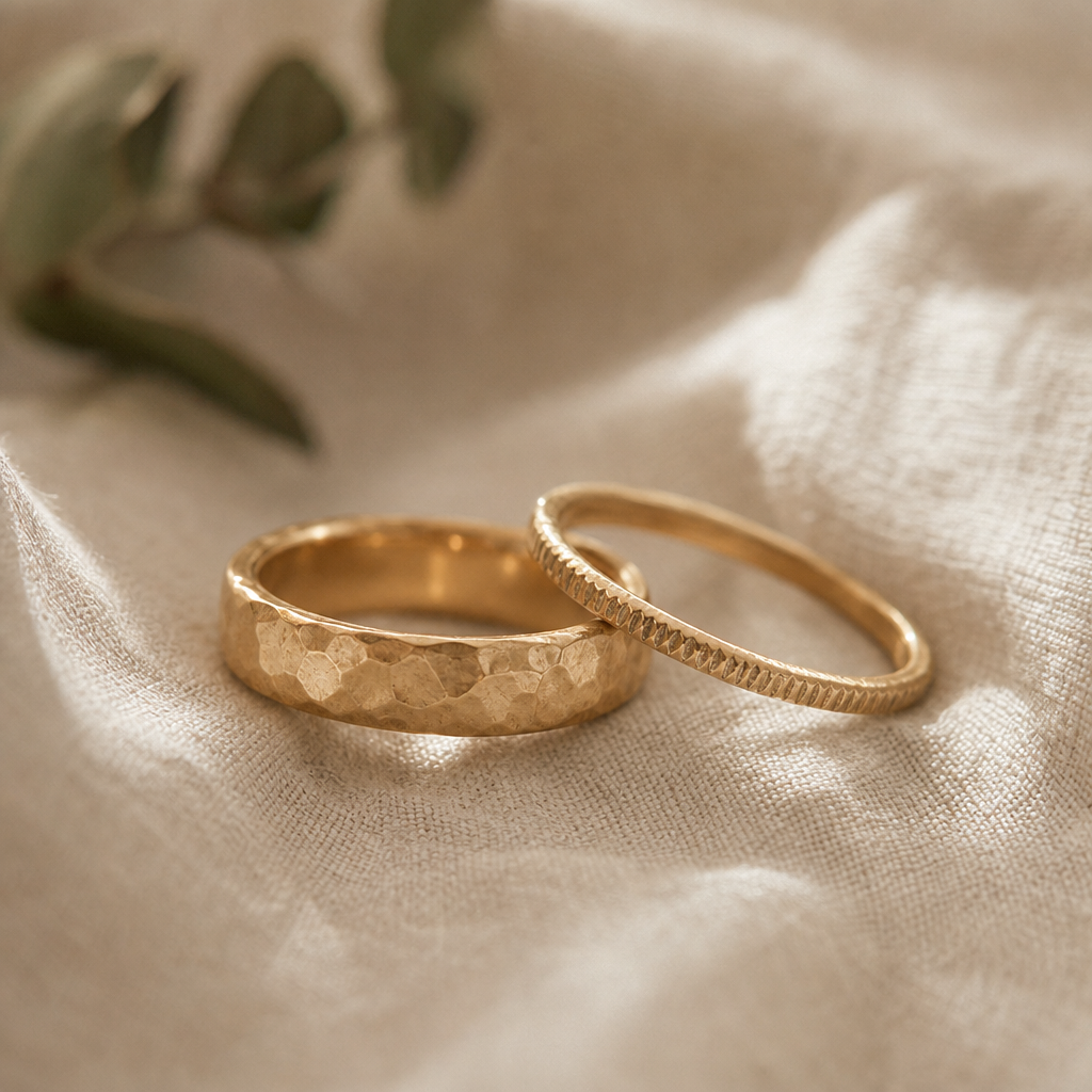 Two hammered gold rings with a small textured band, resting on soft linen