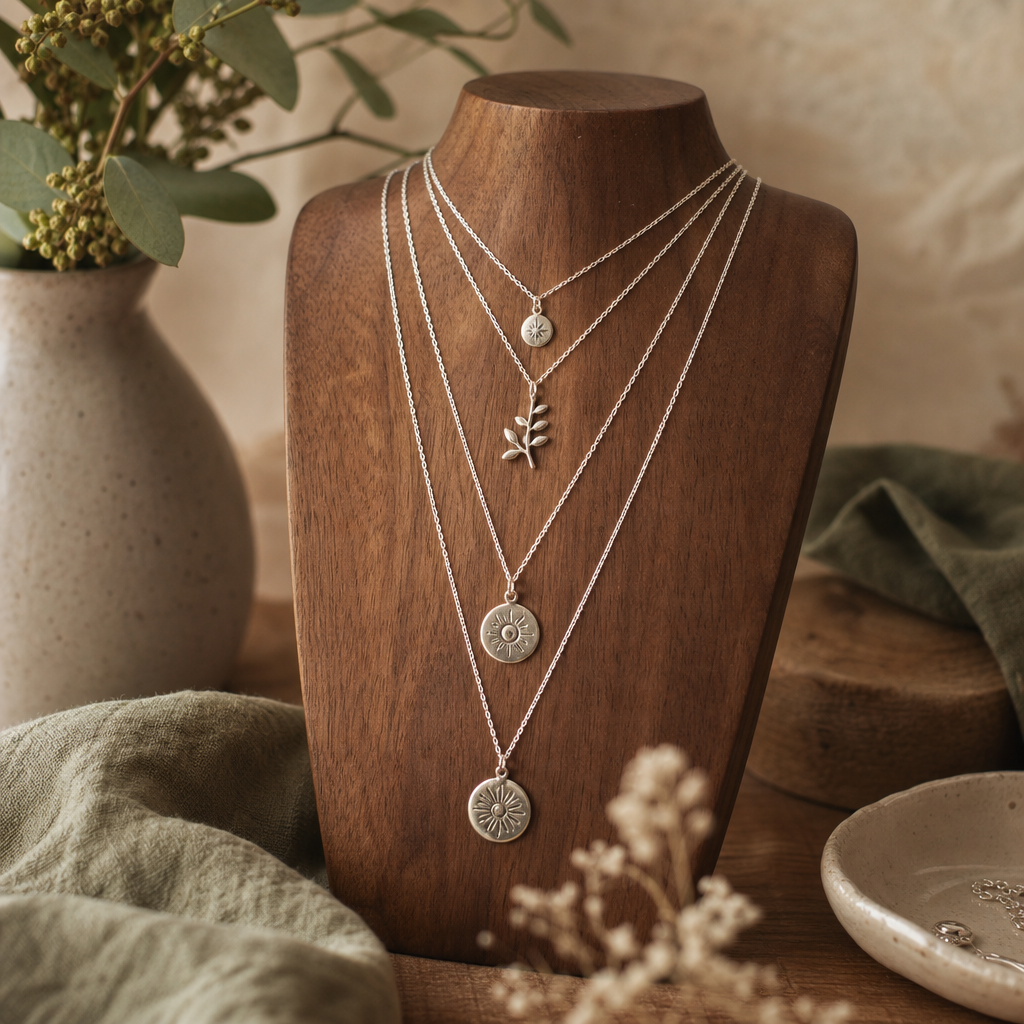 Delicate layered silver necklaces with small pendant charms draped over a jewelry stand