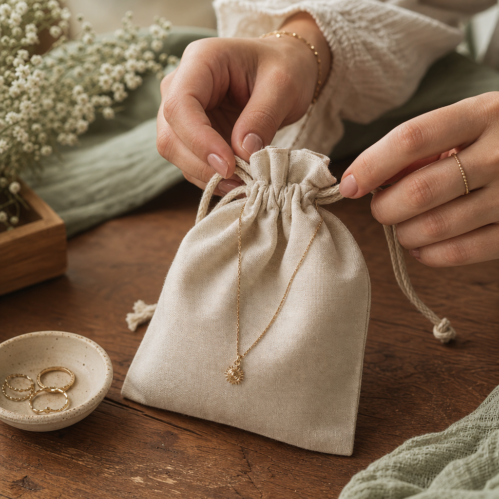 Hands tying a natural linen drawstring pouch around a gold necklace on a wooden table
