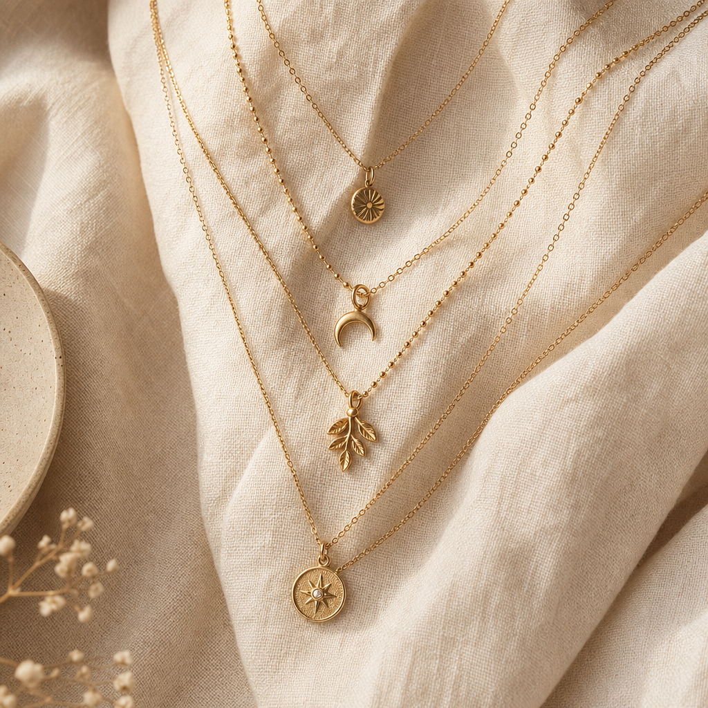 Layered handmade gold-toned necklaces with small pendants displayed on soft linen fabric