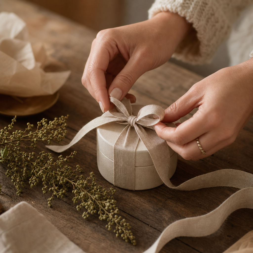 Hands wrapping a small jewelry box in soft linen ribbon on a wooden table