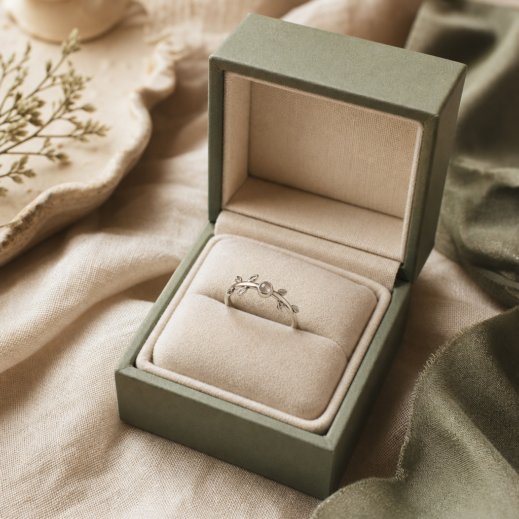 Open sage green keepsake box lined with cream fabric holding a handmade silver ring on a velvet cushion