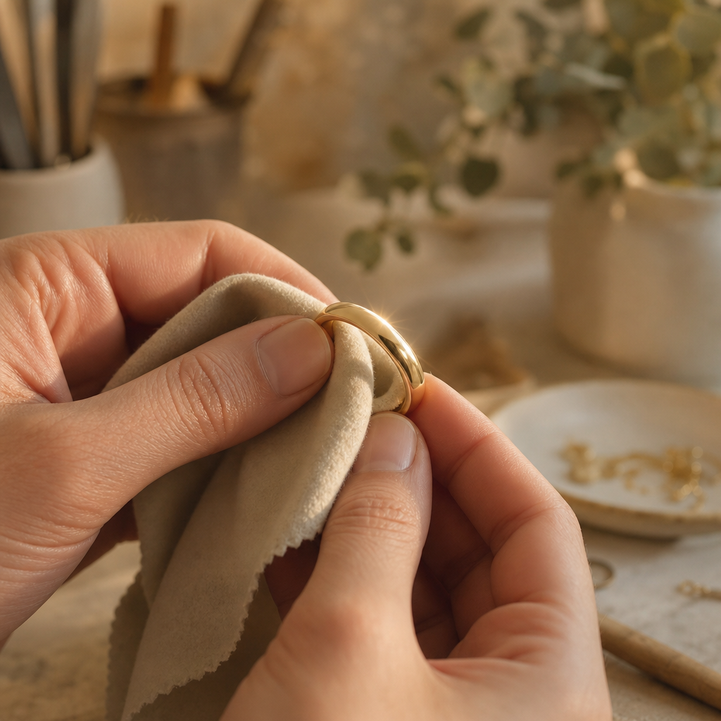 Close-up of a hand polishing a gold ring to a bright shine with a soft cloth