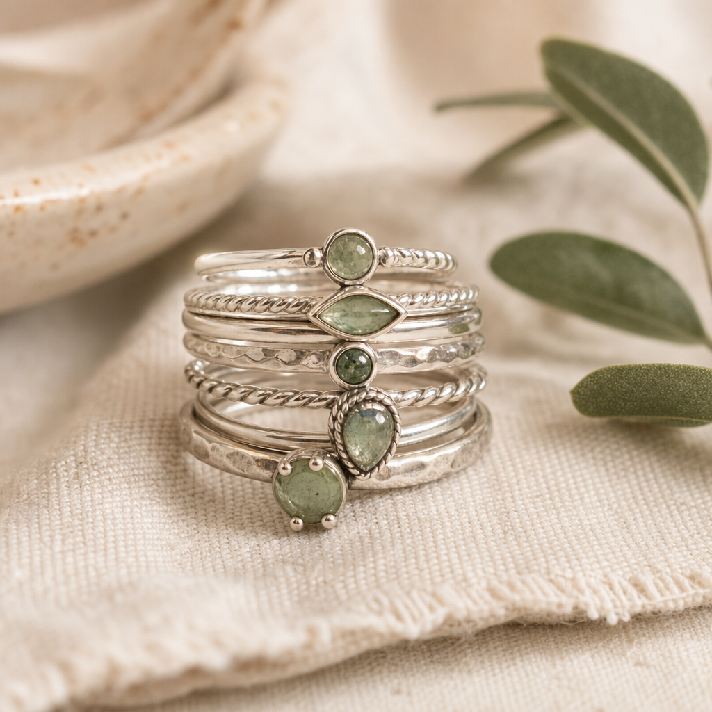 Stack of handmade sterling silver rings with sage green gemstones on a textured neutral surface