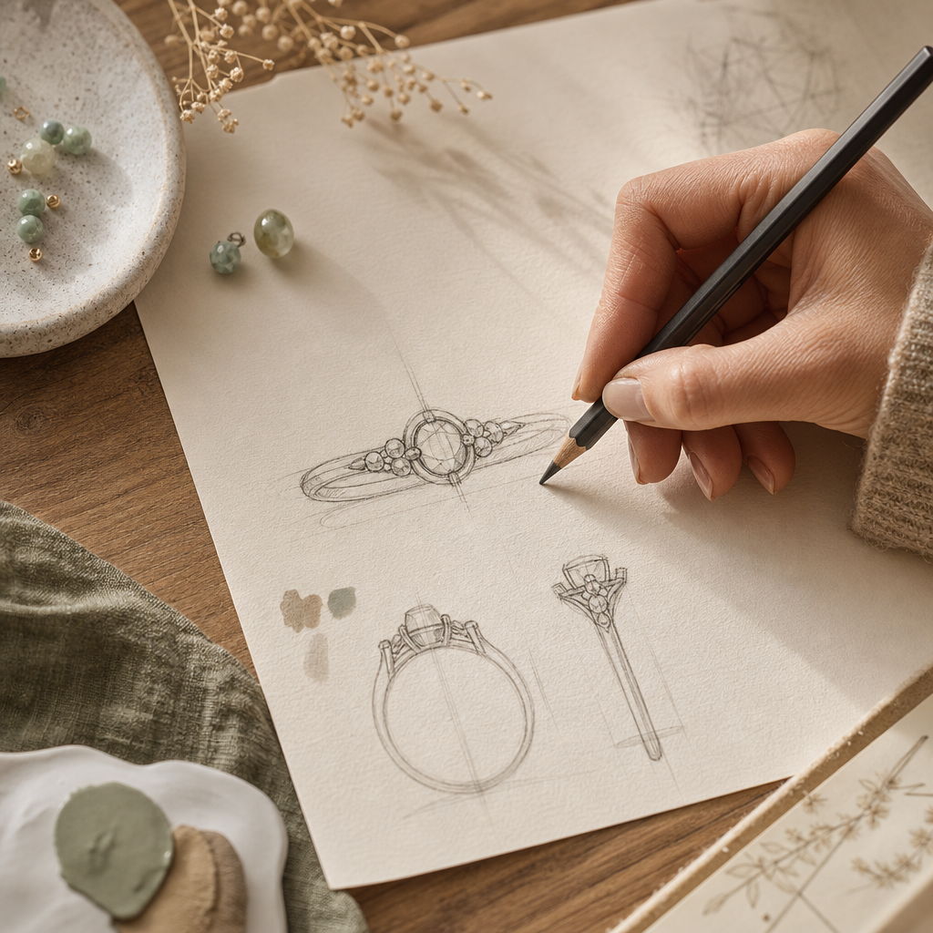 Hand sketching a jewelry design on paper with pencil