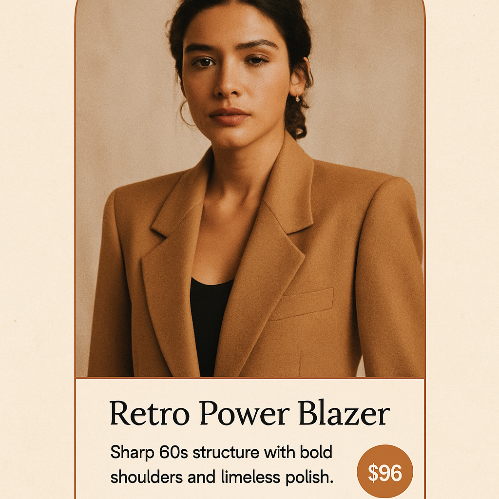 Sharp 80s structure with bold shoulders and timeless polish.