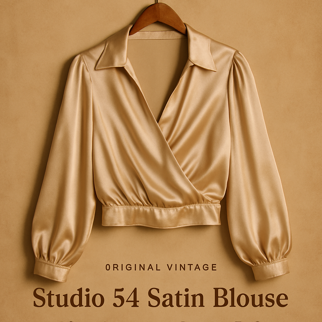 Glossy champagne satin with a fluid disco-era silhouette.