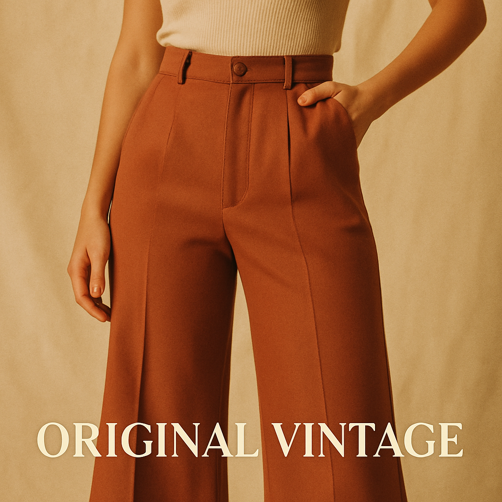 High-waisted 70s tailoring in a warm rust tone.