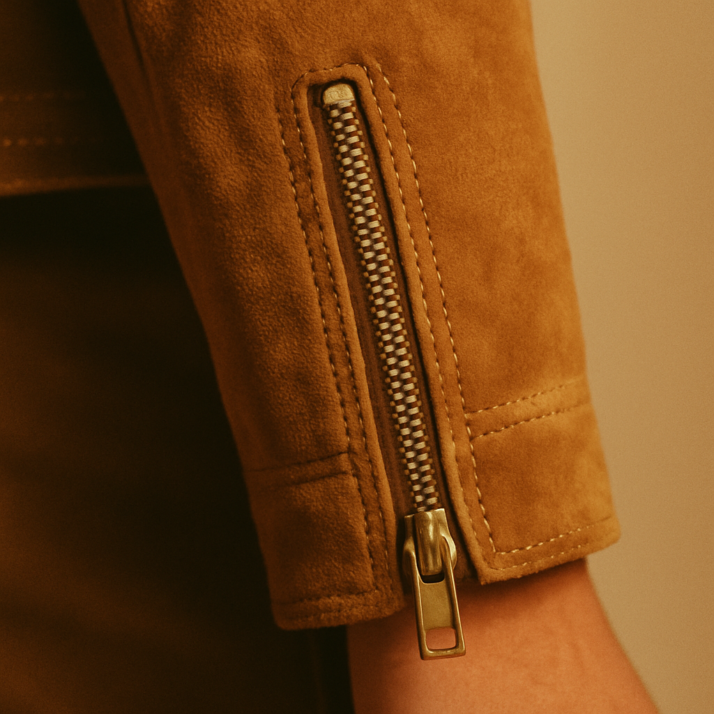Close-up of a caramel suede jacket sleeve with gold zipper and soft texture, styled like a vintage fashion editorial