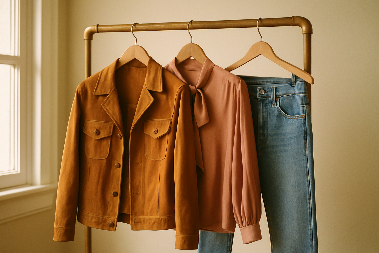 Warm film photograph of a vintage wardrobe featuring a caramel suede jacket, dusty rose blouse, and faded denim hanging in a softly lit boutique setting
