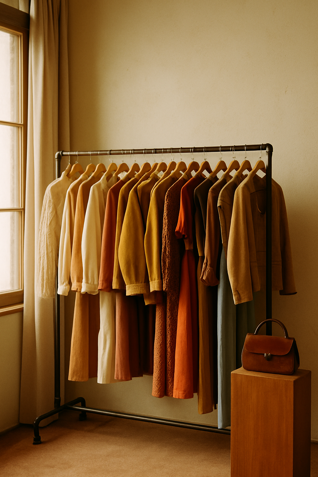 Warm editorial photograph of a vintage clothing rack with 70s and 80s garments in earthy tones inside a boutique studio