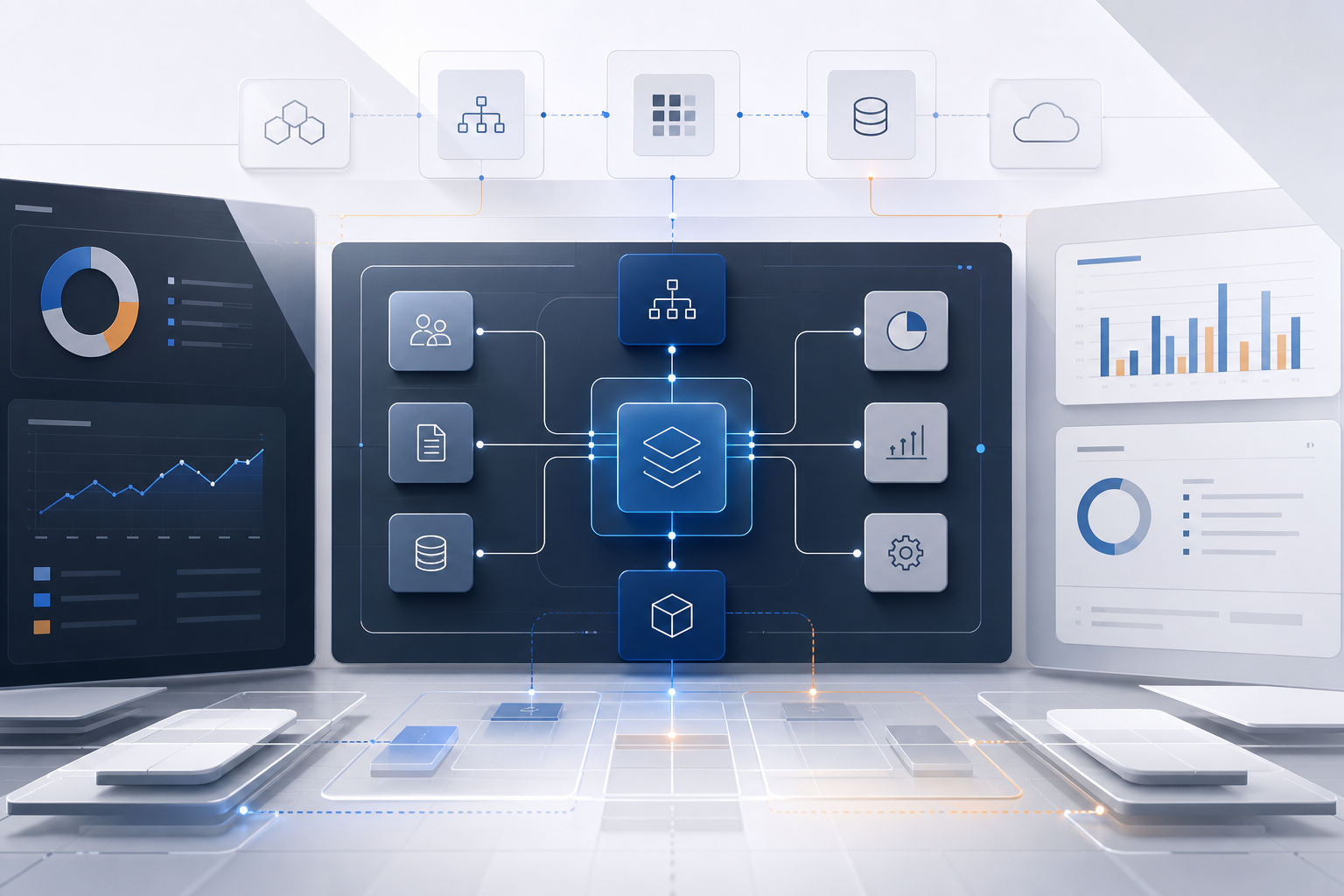 Abstract enterprise dashboard and workflow architecture scene with layered data panels, process nodes, and integration pathways in a clean interface style