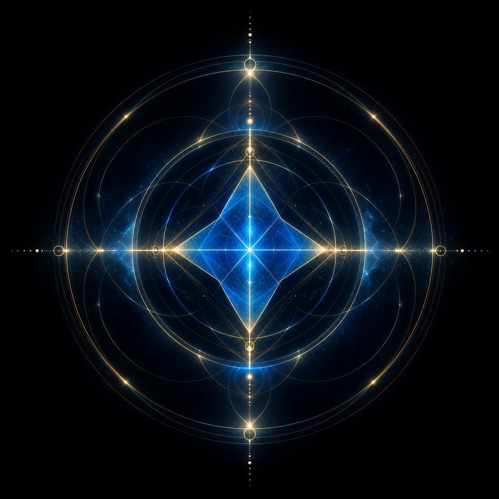 Square gallery placeholder for a serene smairt art piece with luminous blue and gold accents on a deep black background