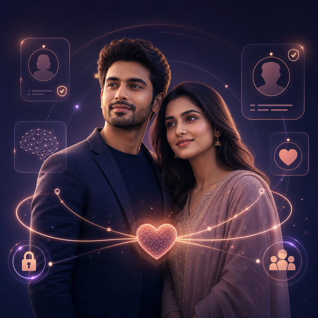 Futuristic illustration of a diverse couple connected by soft glowing lines and AI interface elements, conveying trusted matrimonial matchmaking