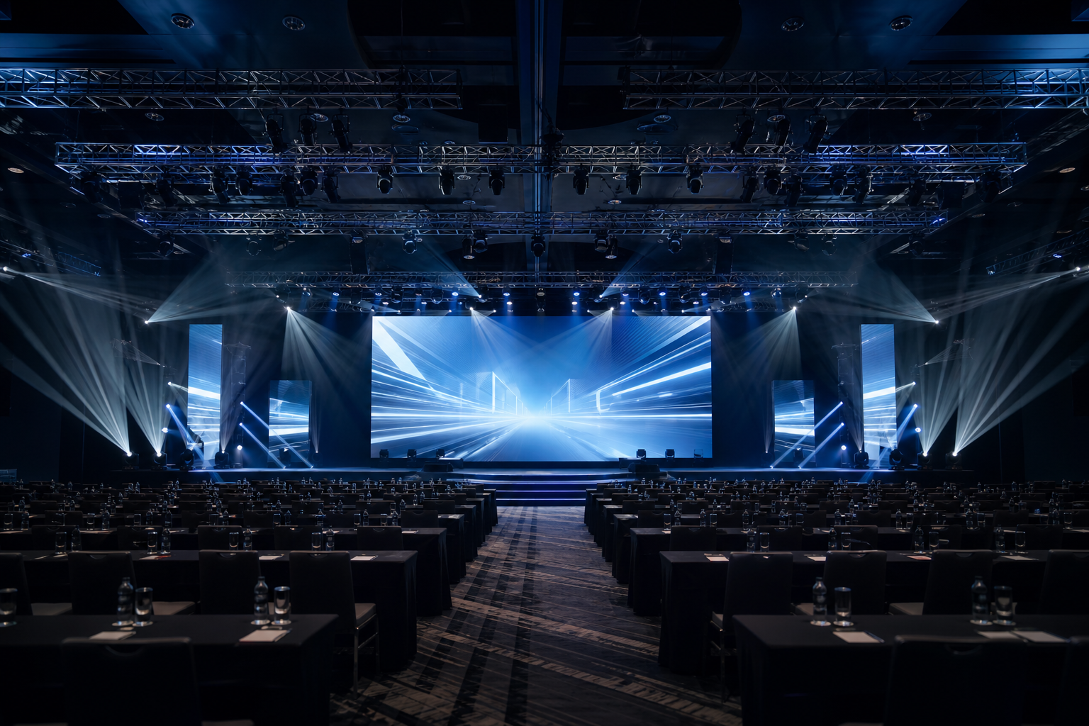 Wide cinematic view of a premium corporate event hall in Malaysia with a large LED stage wall, precision truss rigging, professional lighting beams, and audience seating prepared for a high-stakes launch event
