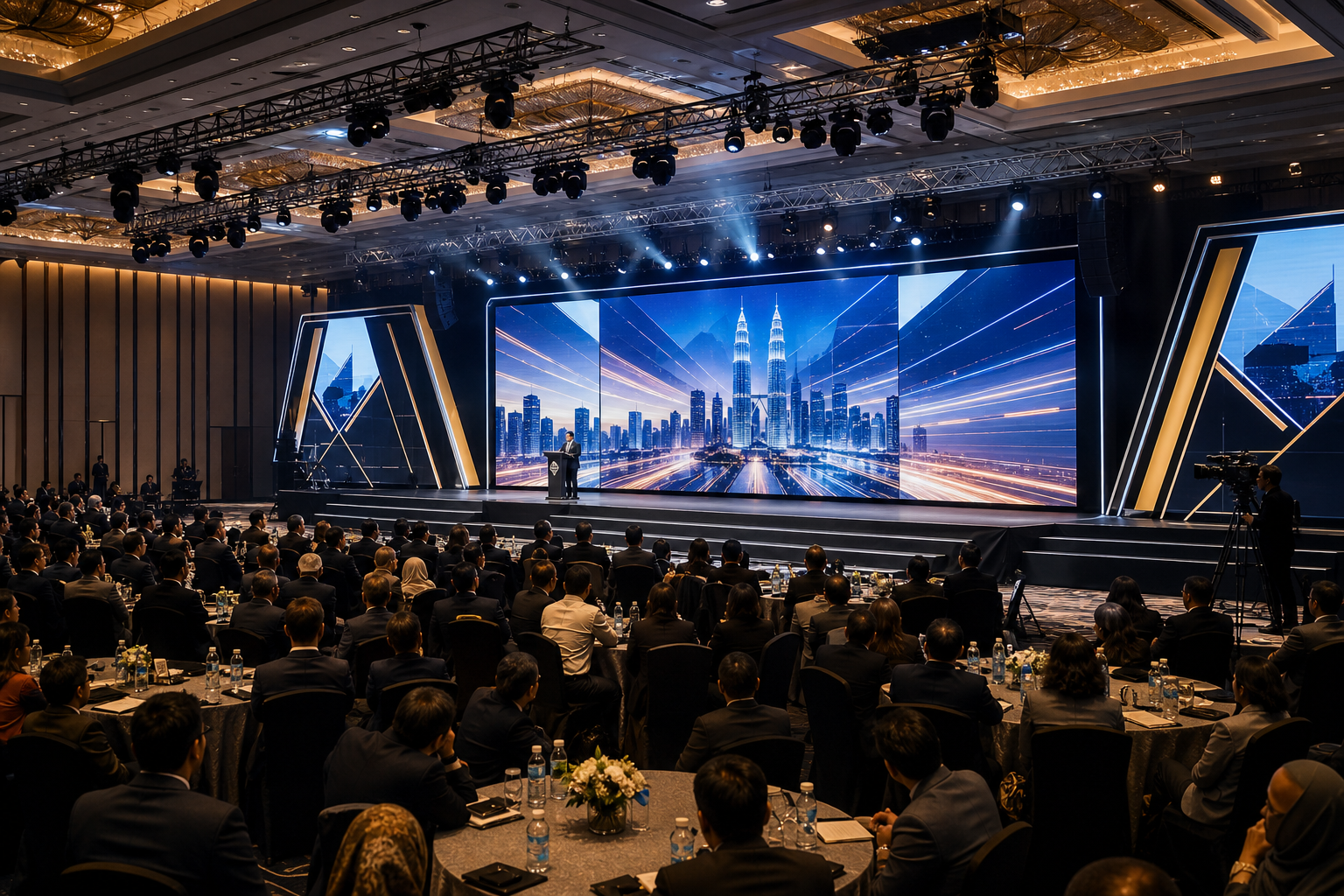 Large corporate gala production with a wide keynote stage, elegant audience seating, and synchronized lighting