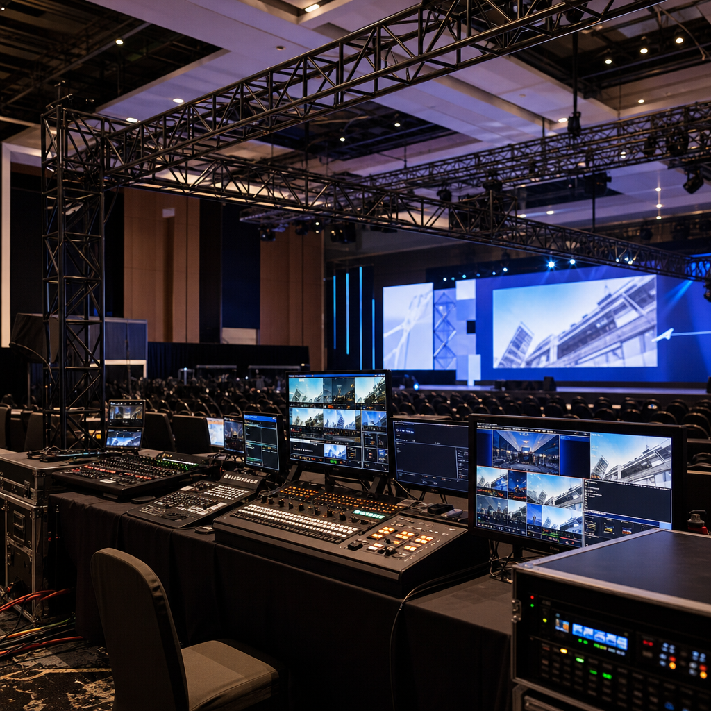 Event infrastructure and control zone with structured truss, technical desks, and coordinated monitoring systems