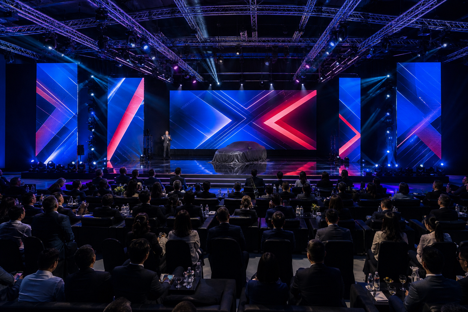 Brand launch stage with towering LED walls, vivid product graphics, and dramatic reveal lighting