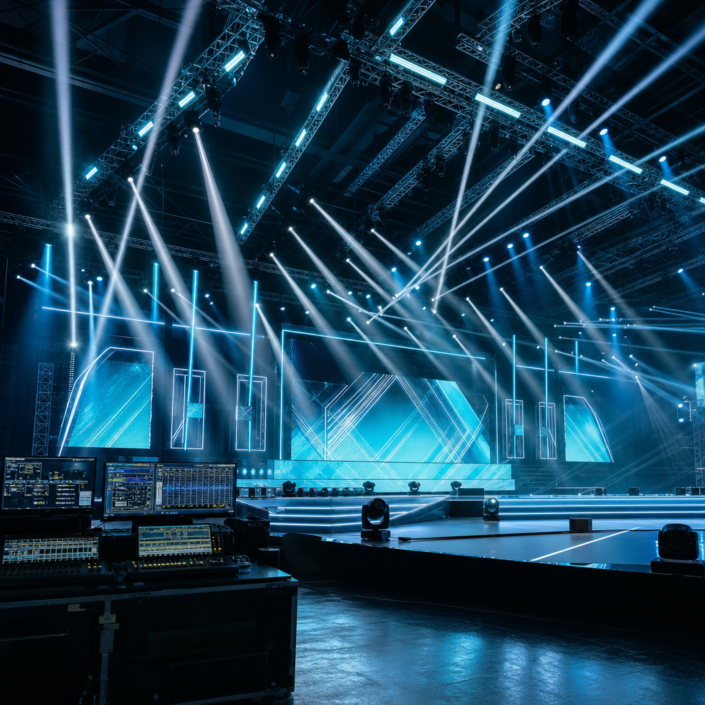 Technically lit stage environment with layered beams, clean rigging lines, and controlled haze