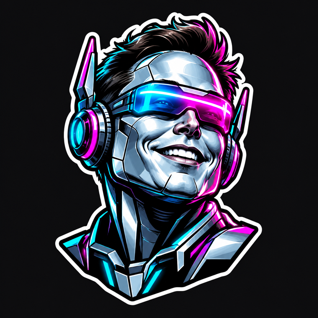 Compact sticker-style portrait of Optimus Elon, a chrome meme-machine prophet with neon visor and mischievous grin