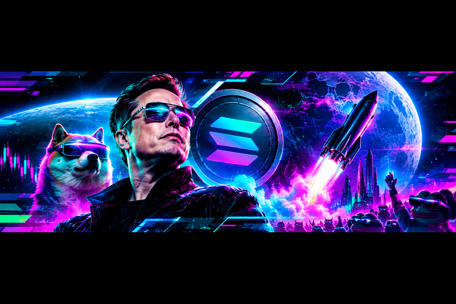 Wide futuristic meme-collage crypto banner placeholder with neon accents and abstract digital textures