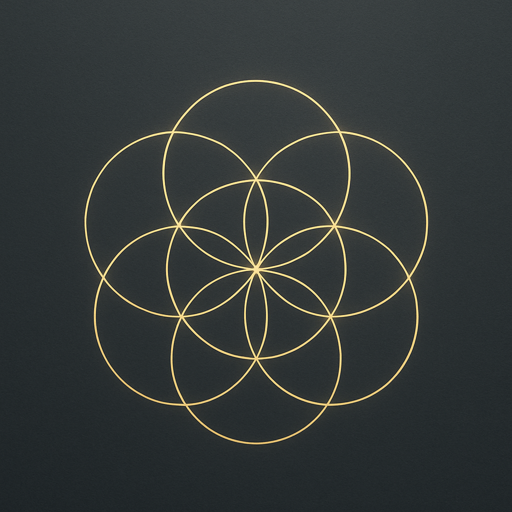 Minimalist sacred geometry symbol with interlocking circles, gentle gold lines on deep slate background
