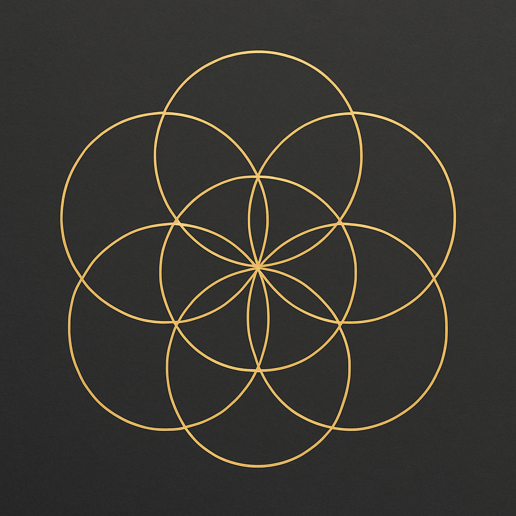 Seed of Life geometry, precise golden lines forming seven interlocking circles, set on a slate grey background, minimalist and luminous