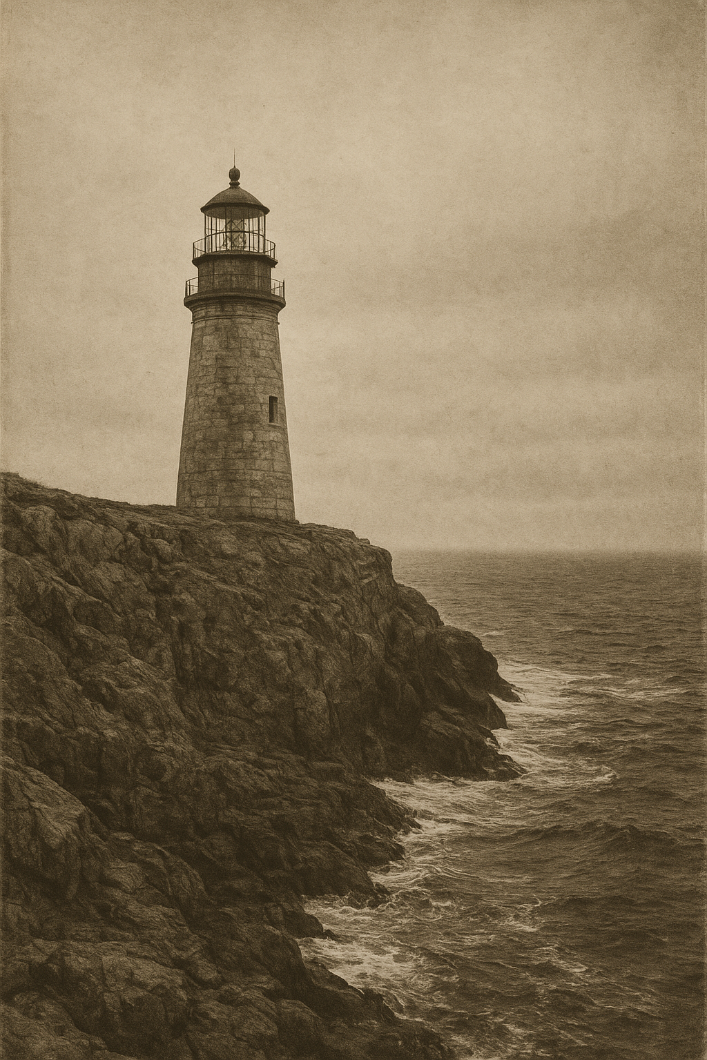 Faded archival coastal photograph showing a stone lighthouse on a windswept cliff above dark surf