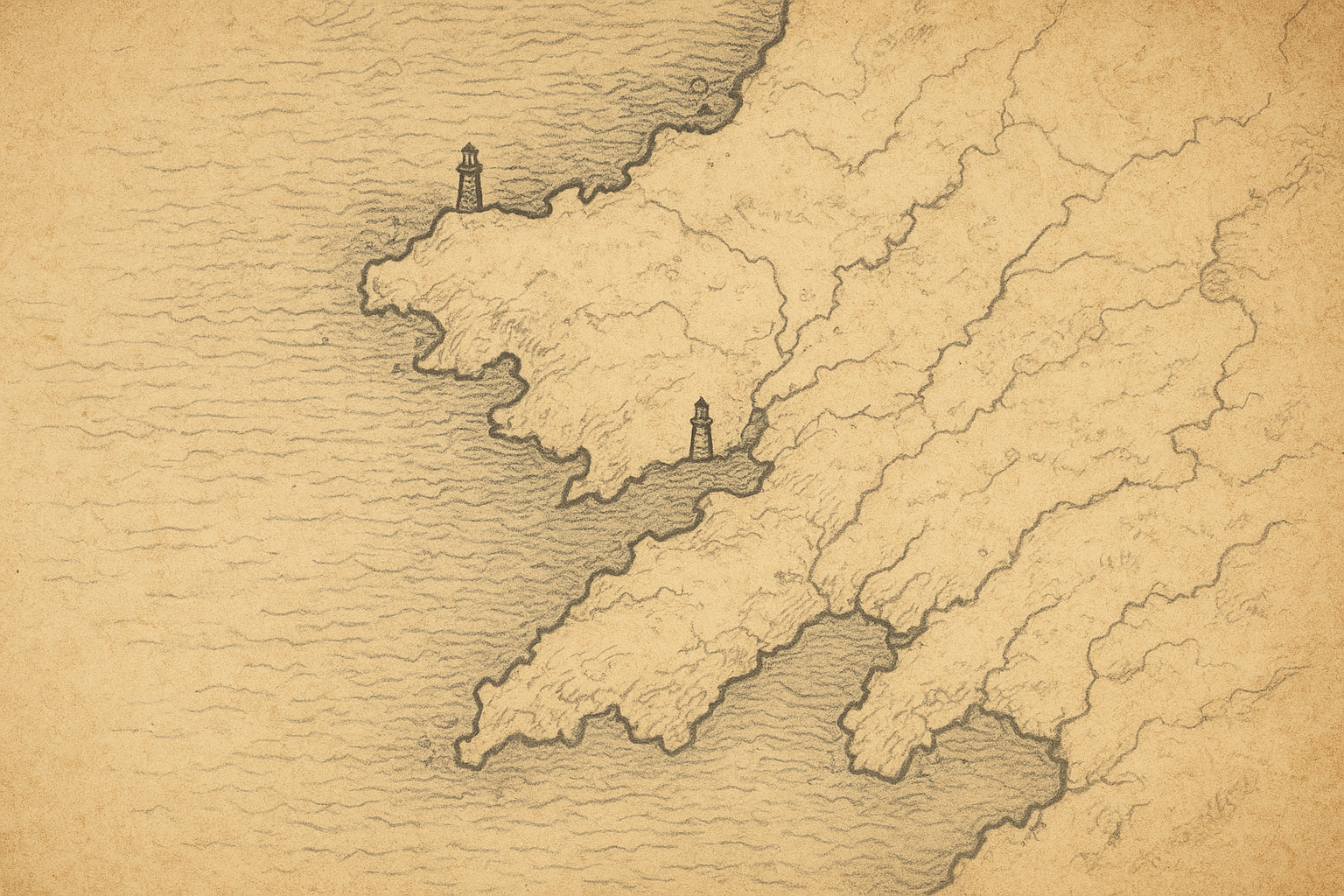 Archival-style illustrated map of the northern coast with shoreline contours, lighthouse markers, and handwritten reference notes