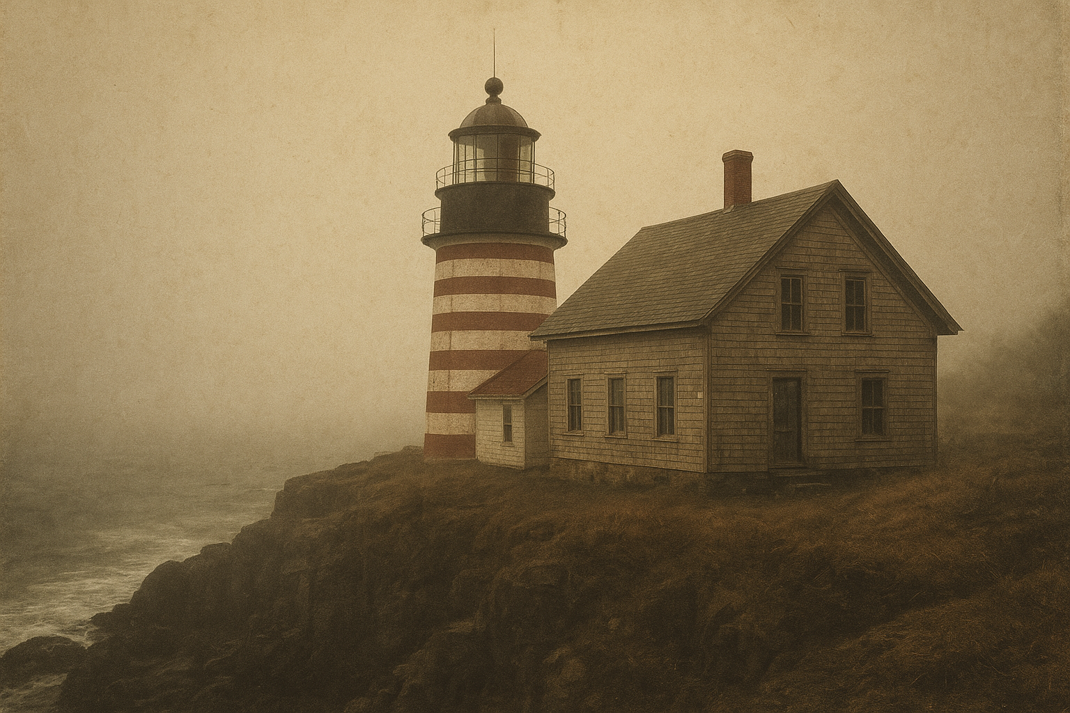 Striped lighthouse station set on dark coastal cliffs with soft grain and faded tones