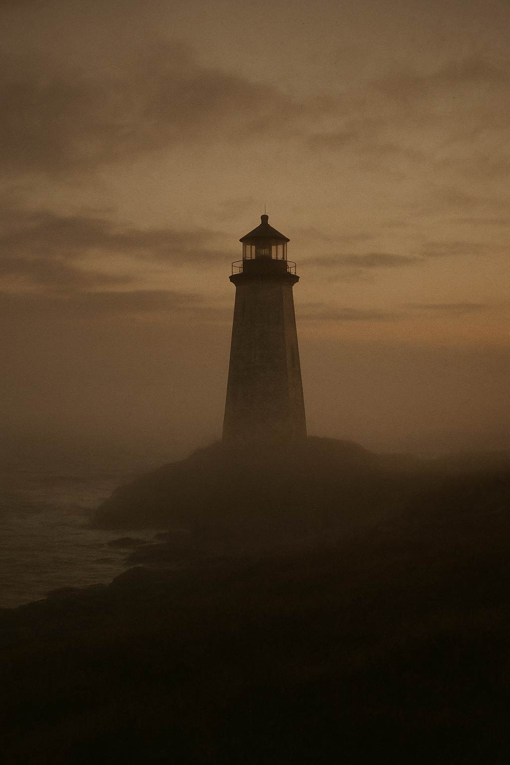Remote lighthouse tower silhouetted in coastal dusk with gentle film grain and mist