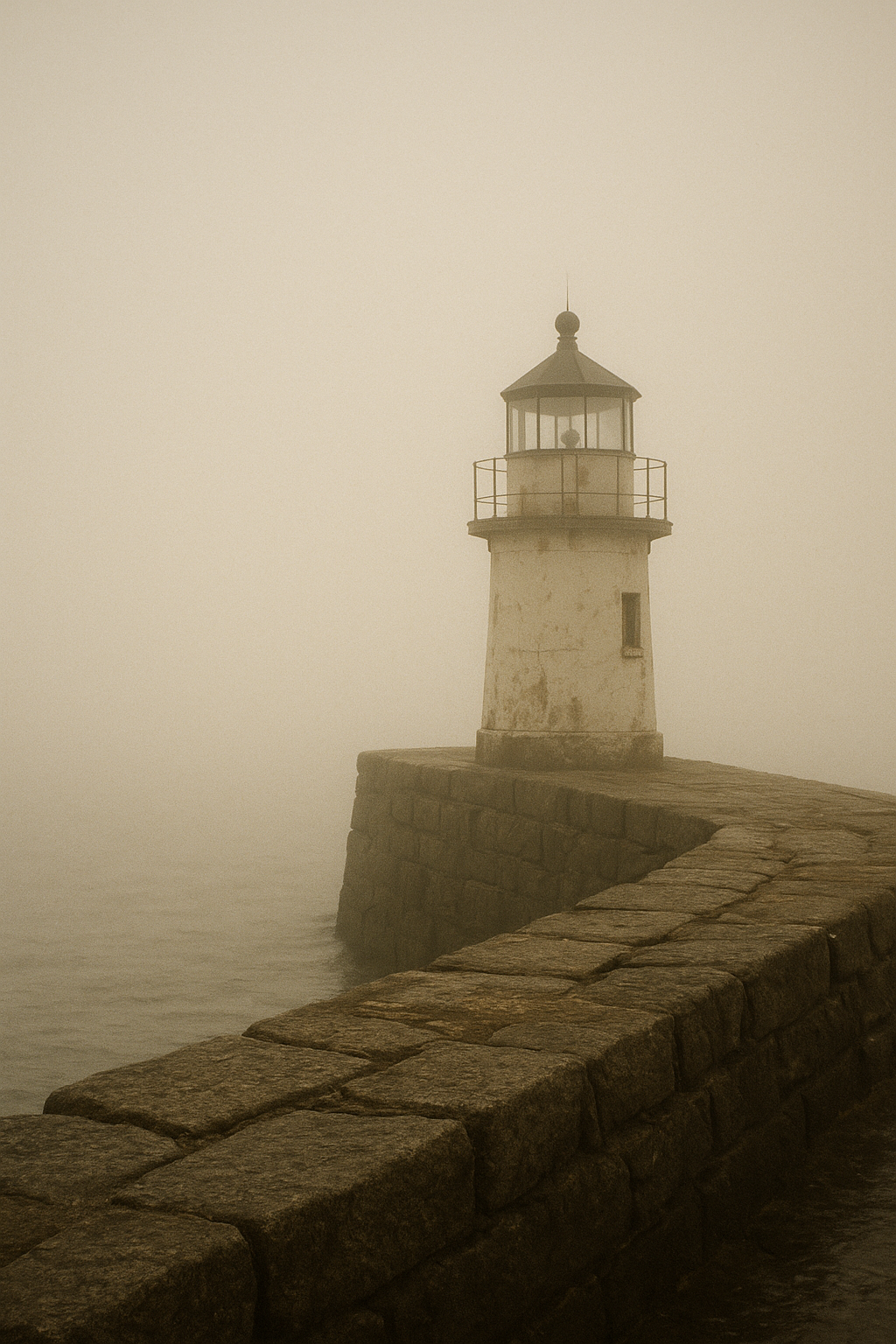 Compact harbor lighthouse emerging through dense coastal fog beside a stone pier