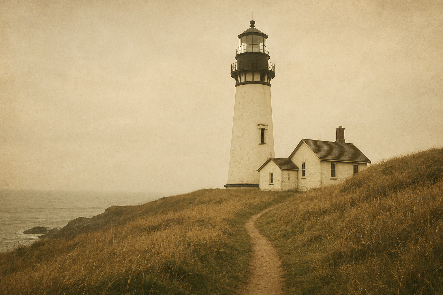 Narrow path leading to a white lighthouse and keeper cottage above rugged coastal grass