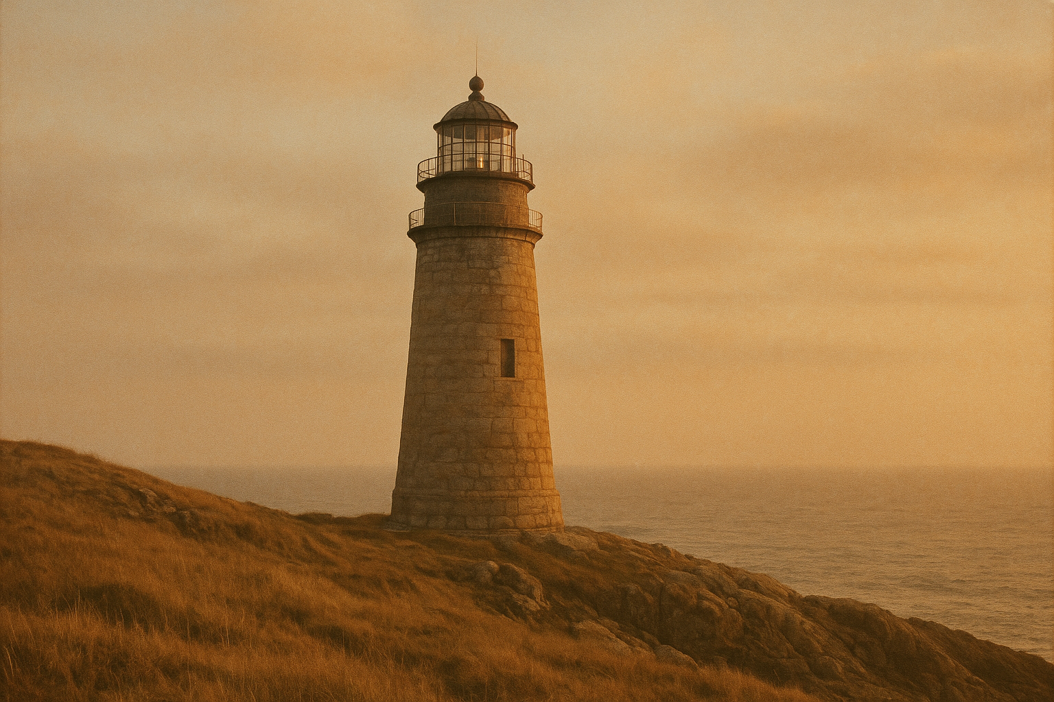 Tall granite lighthouse on a windswept headland at golden hour with soft sea haze