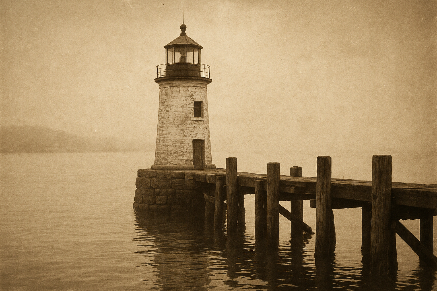 Low harbor light near timber quay posts in calm water with warm sepia cast
