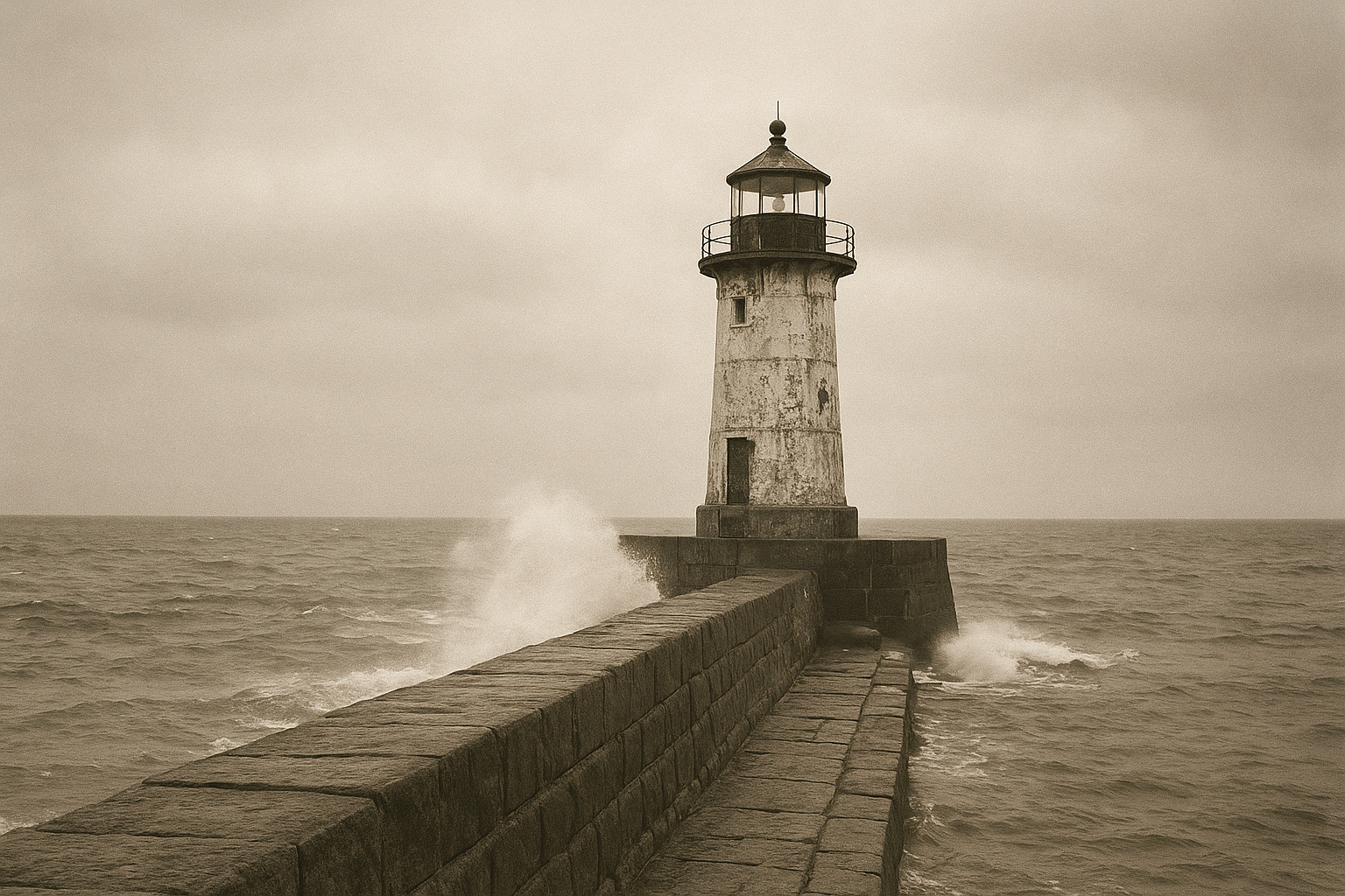 Weathered lighthouse at the edge of a breakwater under overcast skies and wind-blown spray