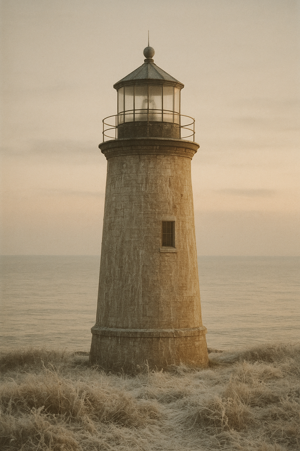 Cylindrical lighthouse with frost-streaked masonry and muted dawn light on the sea