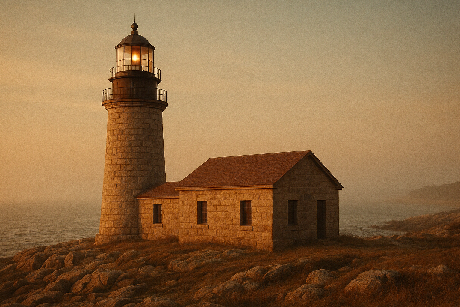 Historic granite lighthouse and attached signal station on a windswept northern coastline at golden hour